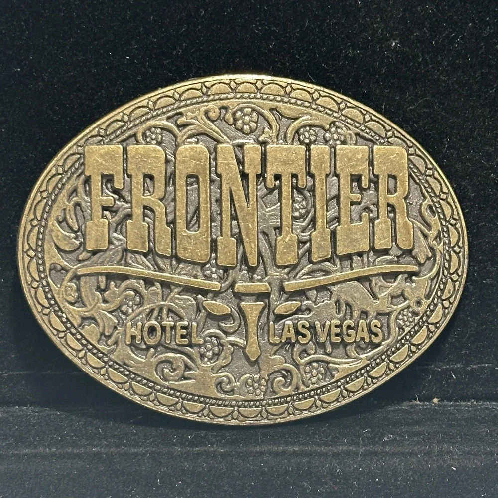 Frontier Hotel Las Vegas Nevada Vintage Casino Souvenir Belt Buckle Brass Tone